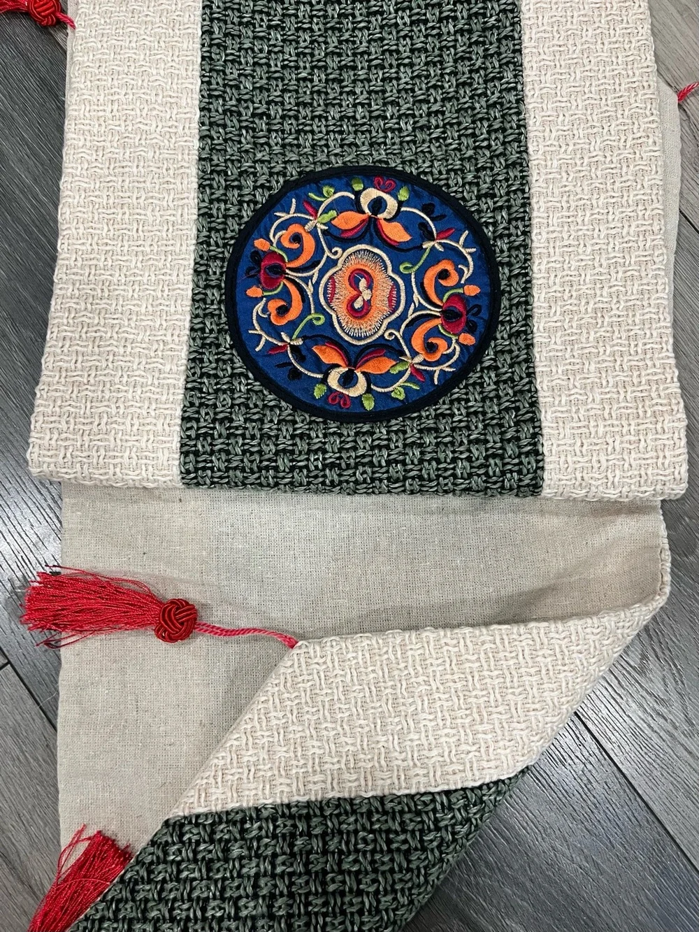 VTG Chinese 6-Ft Silk Embroidered Table Runner Woven Tweed & Solid Linen Back